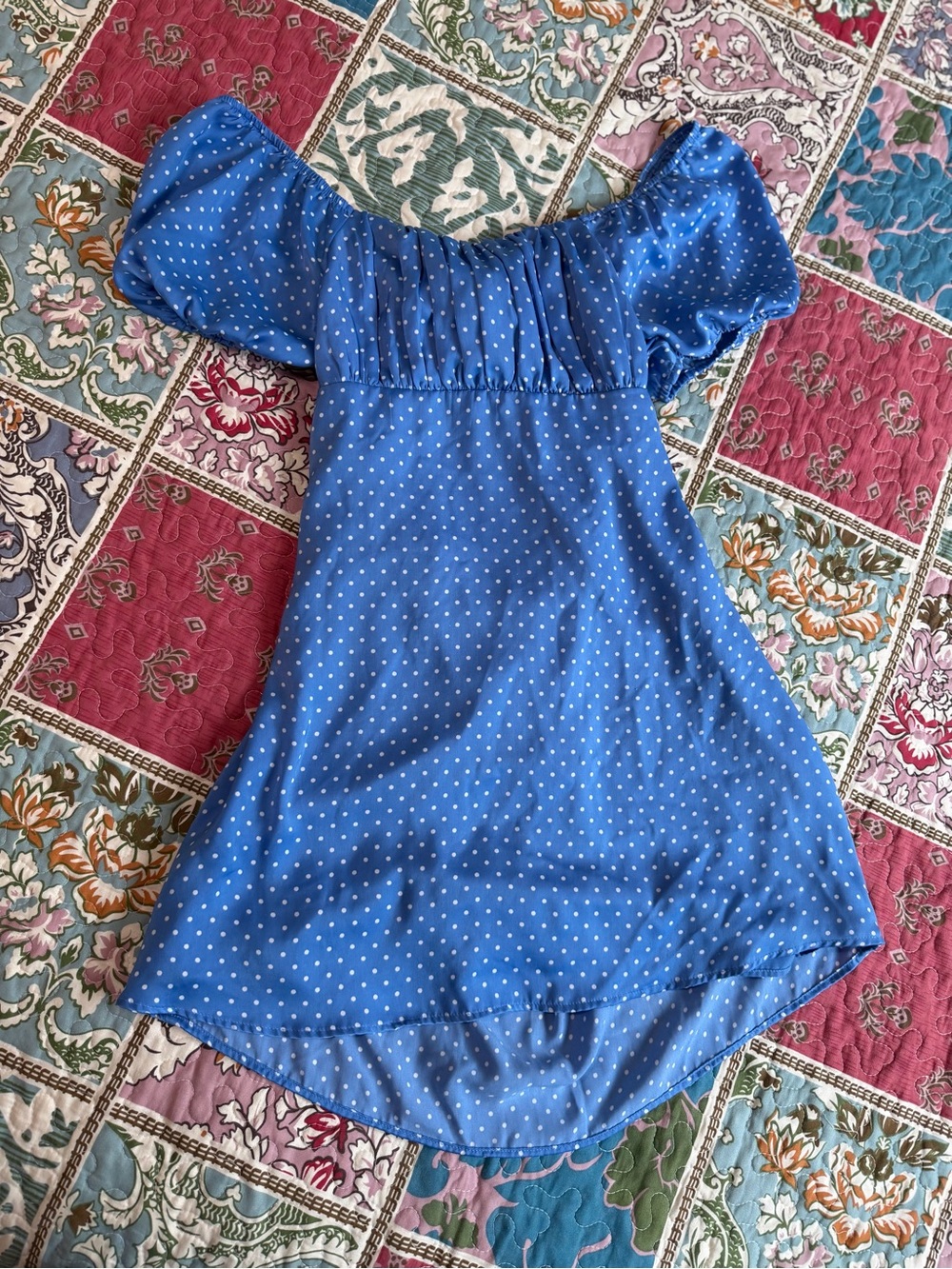 American Eagle Blue Polka Dot Off-Shoulder Open Back Mini Dress M coquette